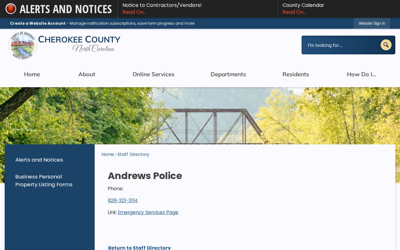 Official Cherokee County directory entry for Andrews Police contact information