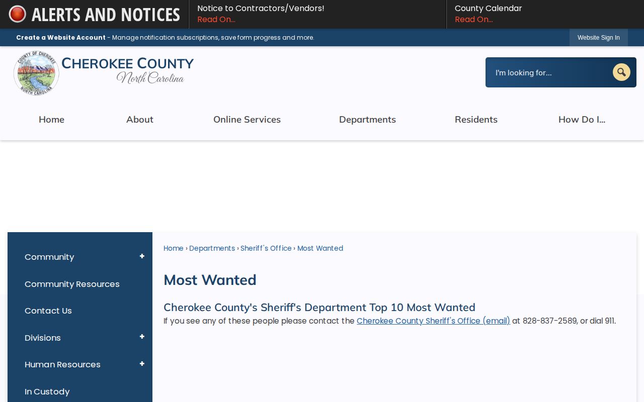 Cherokee County Most Wanted page