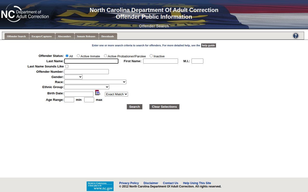 North Carolina Adult Correction offender search fields