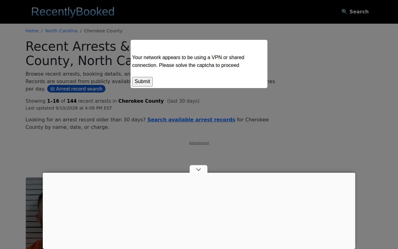 Unofficial RecentlyBooked Cherokee County arrest log interface