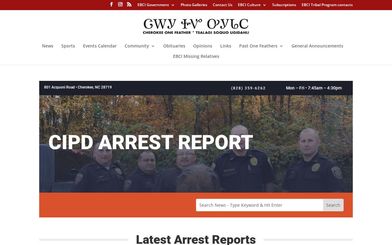 Cherokee One Feather CIPD arrest report page