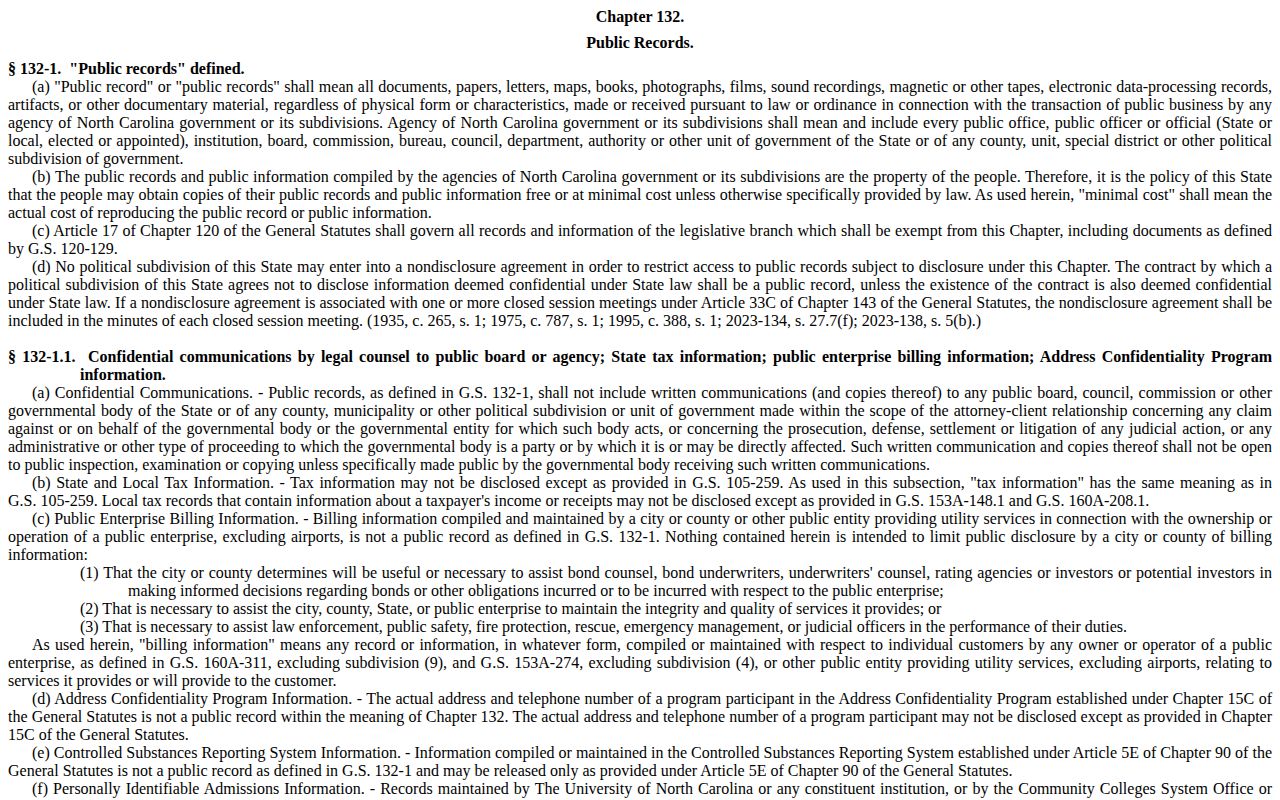 North Carolina Chapter 132 public records law